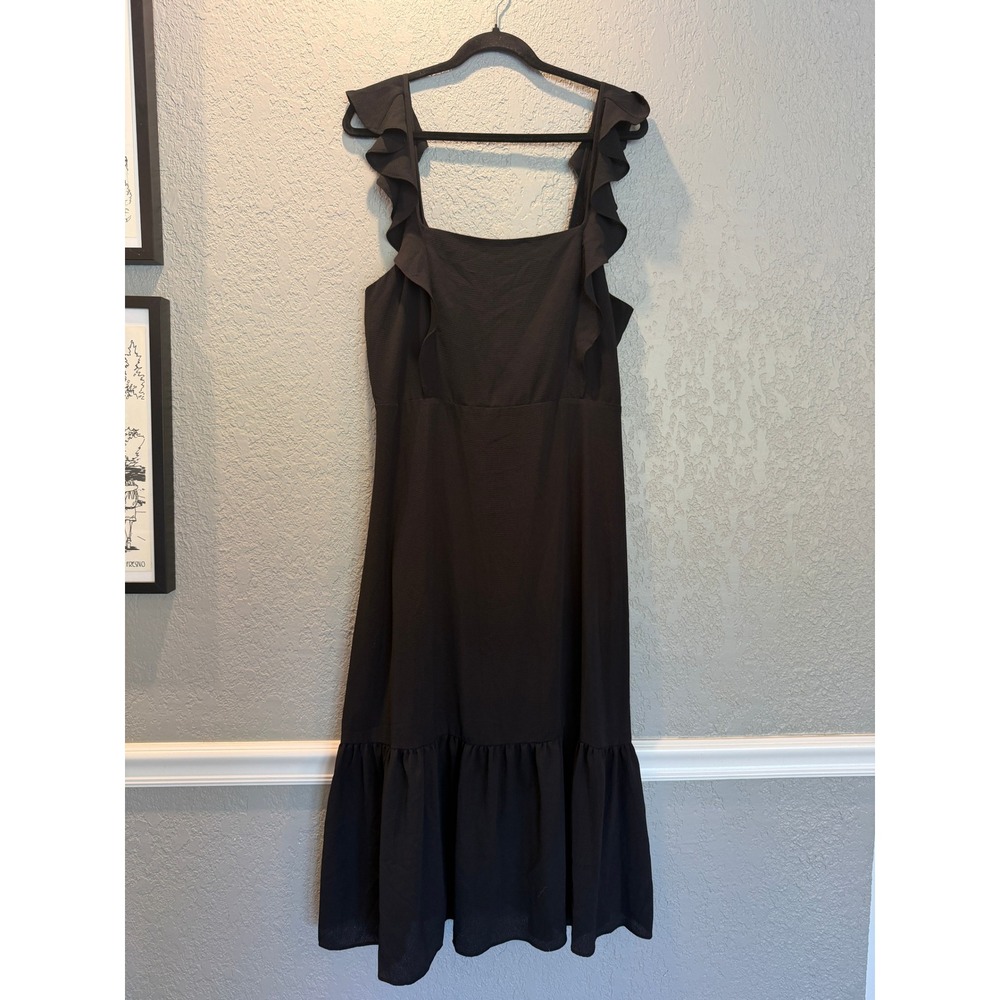 BCBG Paris Black Ruffle Strap Midi Dress‎ Square Neck Tiered Hem XL
